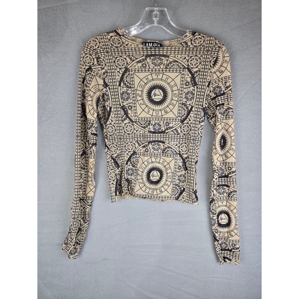 I.AM.GIA Zodiac Mesh Top Womens M Tan Astrology Celestial Long Sleeve Goth Y2K